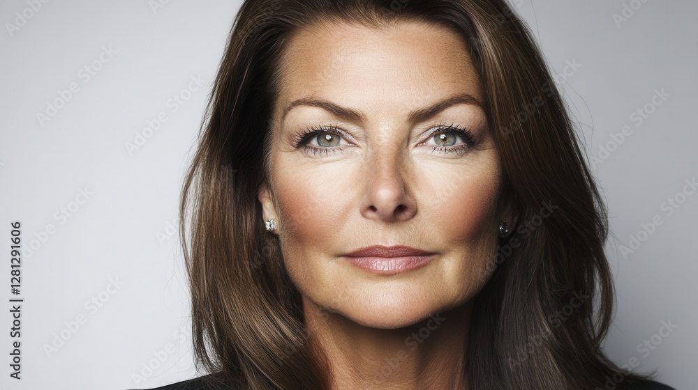 Portrait of a middle aged woman with brown hair and green eyes, neutral expression, light gray background. Soft lighting highlights her facial Portrait of a middle aged woman with brown hair and green eyes, neutral expression, light gray background. Soft lighting highlights her facial