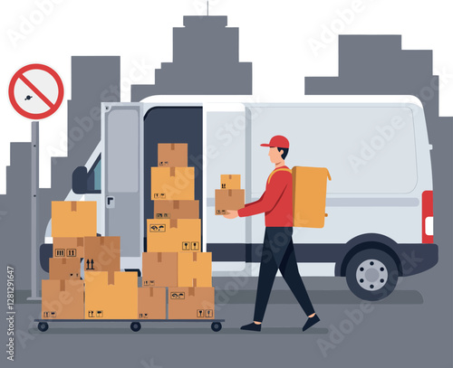 Delivery worker carrying a cardboard box beside a parked van in a city setting, flat vector illustration