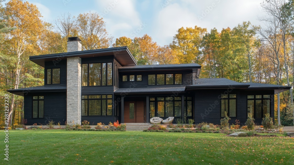 Modern Glass House at Dusk Surrounded by Autumn Foliage With Warm Light Glowing From Within the Rooms Modern Glass House at Dusk Surrounded by Autumn Foliage With Warm Light Glowing From Within the Rooms