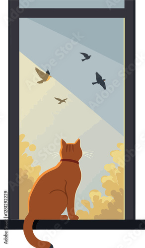 A curious orange cat sitting on a windowsill gazing at birds flying outside in a minimal vector illustration