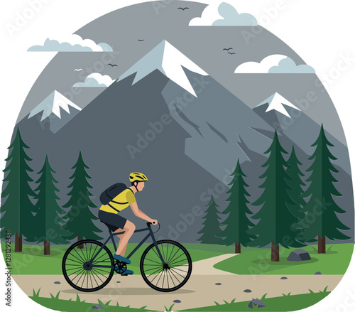 A cyclist wearing a yellow helmet rides along a winding path surrounded by towering mountains and lush pine trees in flat vector art