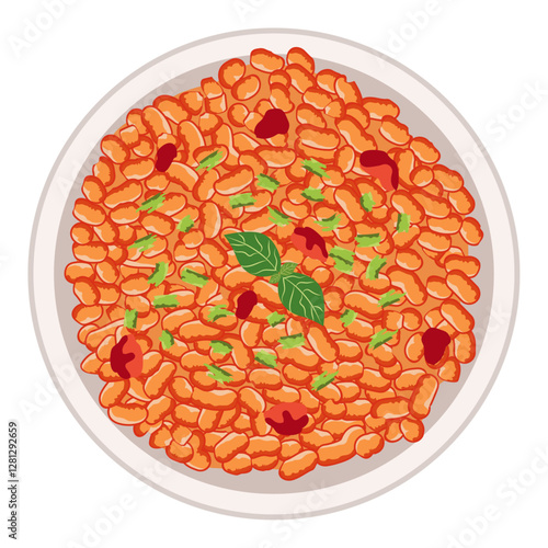 tomato risotto top view, red tomato rice dish.
