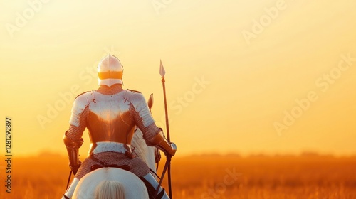 chivalrous knight in shining silver armor gripping reins of his majestic warhorse stands proudly in vast open field