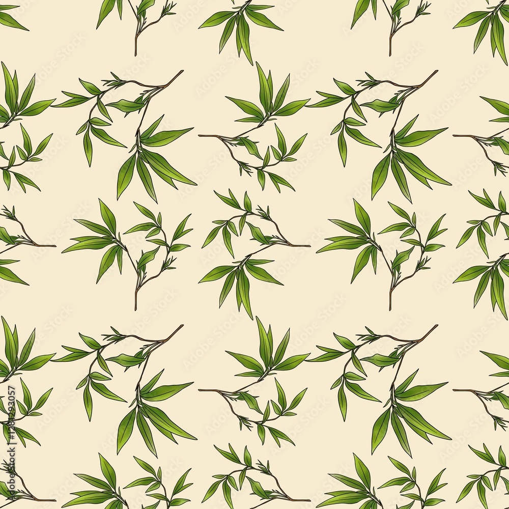 Fototapeta premium Seamless Pattern Leaves Bamboo Small Design on Pastel Yellow Background