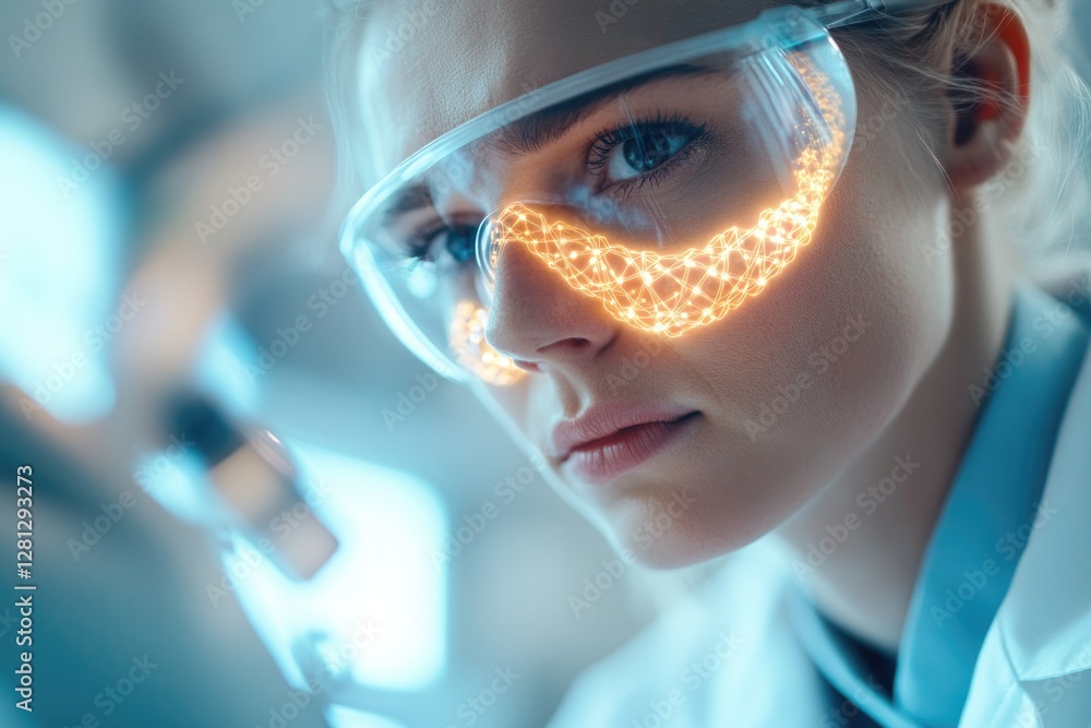 close-up of scientist using holographic gene sequencing interface showing glowing genetic structures emphasizing biotechnology
