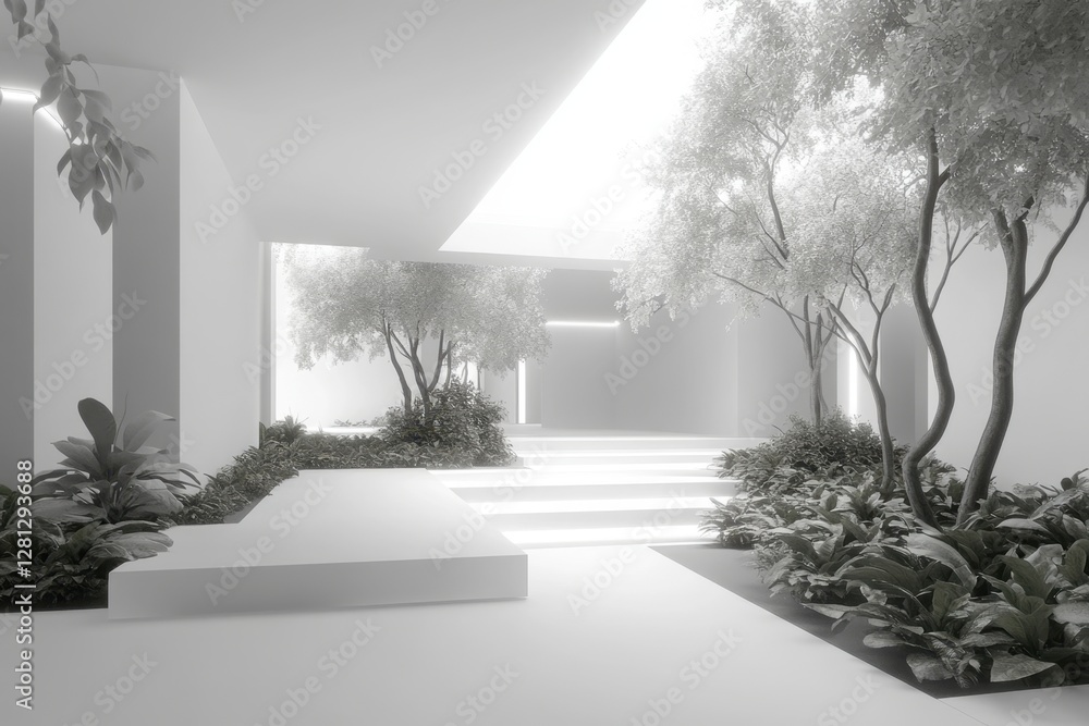 Minimalist White Garden with Trees and Plants in Modern Interior Design for Stock Photography Serene and Bright with Natural Light and Clean Lines Minimalist White Garden with Trees and Plants in Modern Interior Design for Stock Photography Serene and Bright with Natural Light and Clean Lines
