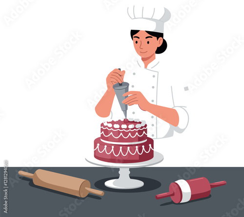 A professional pastry chef decorating a delicious cake with icing in a bright, minimal kitchen setting vector illustration