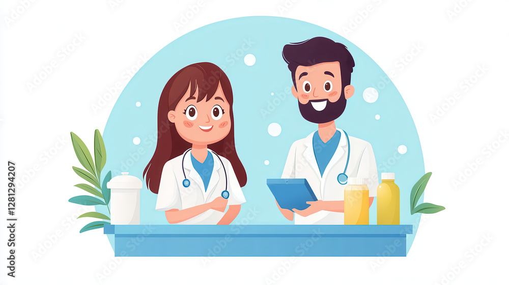 Two healthcare professionals in white coats stand at counter with medical supplies, smiling warmly. background features blue circle with plants, creating welcoming atmosphere Two healthcare professionals in white coats stand at counter with medical supplies, smiling warmly. background features blue circle with plants, creating welcoming atmosphere