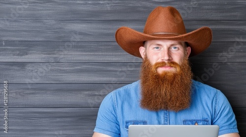 A close up of a ginger bearded man with blue eyes, wearing a light blue denim shirt and a brown cowboy hat, set against a dark grey wooden background