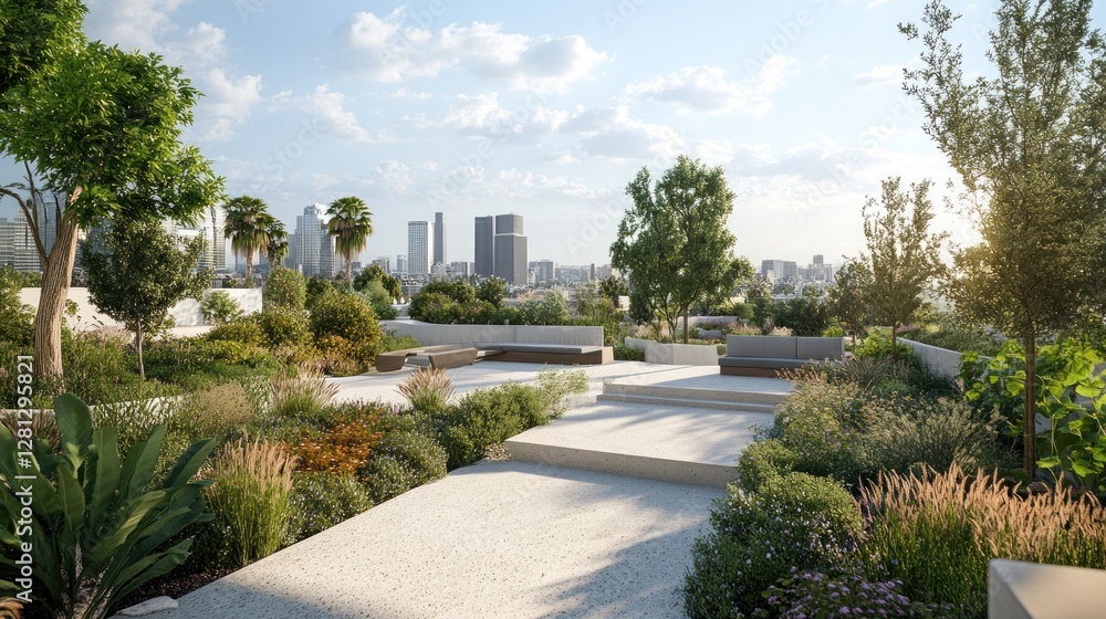 Urban Oasis: Rooftop Garden with City Skyline View Urban Oasis: Rooftop Garden with City Skyline View