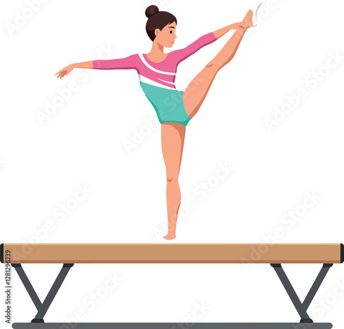 A gymnast performing an elegant balance routine on a wooden beam in a flat vector illustration showcasing athleticism and concentration