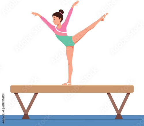 A graceful gymnast performing an elegant balance pose on a wooden beam in a minimal flat vector illustration