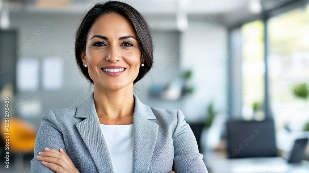 A professional woman wearing a patterned blazer stands in a modern office setting. Her confident smile and crossed arms project an approachable A professional woman wearing a patterned blazer stands in a modern office setting. Her confident smile and crossed arms project an approachable