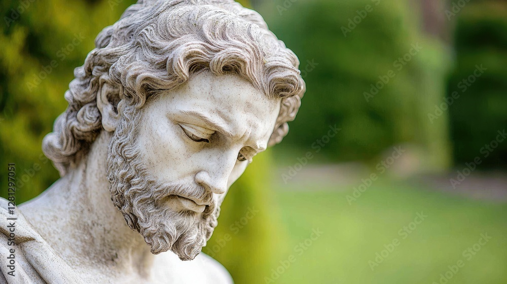 Pensive statue bust in garden, peaceful scene Pensive statue bust in garden, peaceful scene