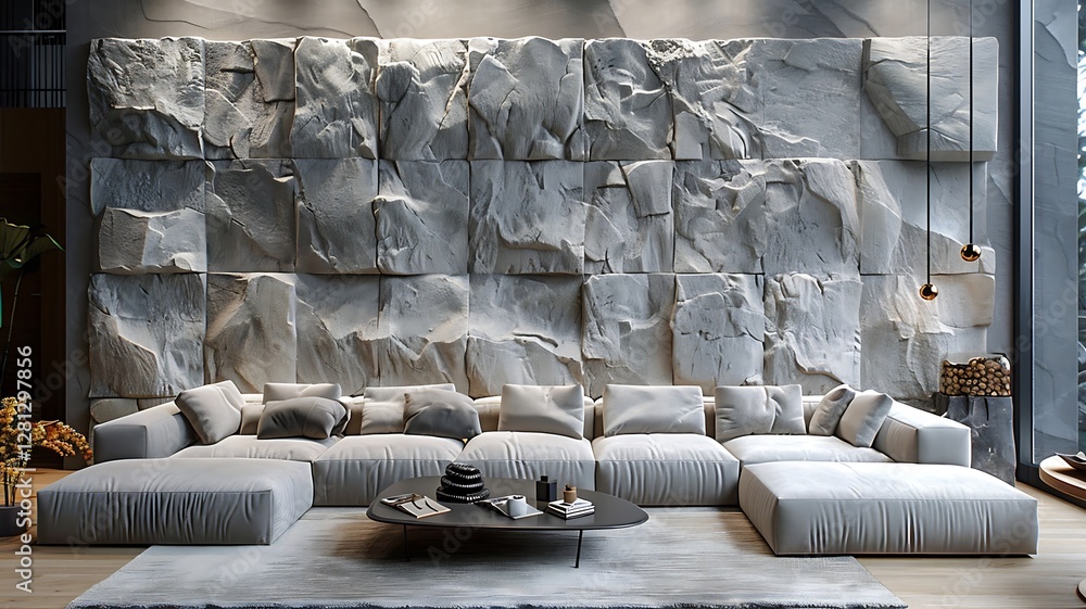 Fototapeta premium A modern living room featuring a textured stone wall and an elegantly designed sofa set