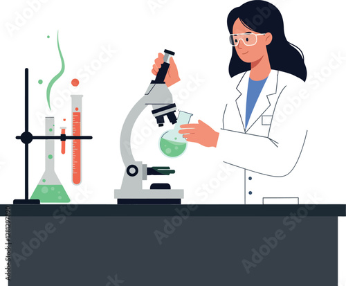 Female scientist in a laboratory conducting experiments with a microscope and green liquids in test tubes, flat vector art