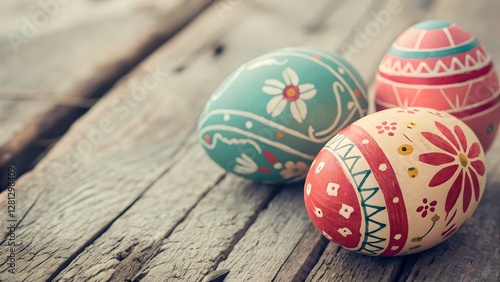Vintage Easter Eggs on Rustic Wooden Background