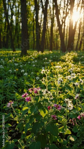 Wallpaper Mural A tranquil spring forest bathed in warm morning sunlight, with delicate white and pink wildflowers blooming among lush green foliage, creating a serene and picturesque natural scene Torontodigital.ca
