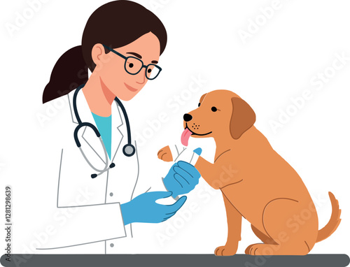 Veterinarian in a white coat administering medicine to a friendly golden retriever in flat vector art