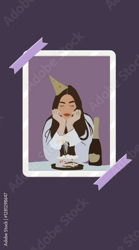 Aesthetic Picture For Mood Board Social Media Stories Abstract Birthday Girl Portrait Make A With On The Birthday Cake With Champagne And Hat Vector Design