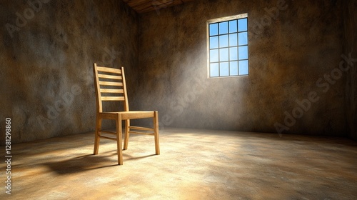 Wallpaper Mural A worn wooden chair sits in a rough textured tan colored stone room with sunlight streaming in through barred window. The room casts shadows and Torontodigital.ca