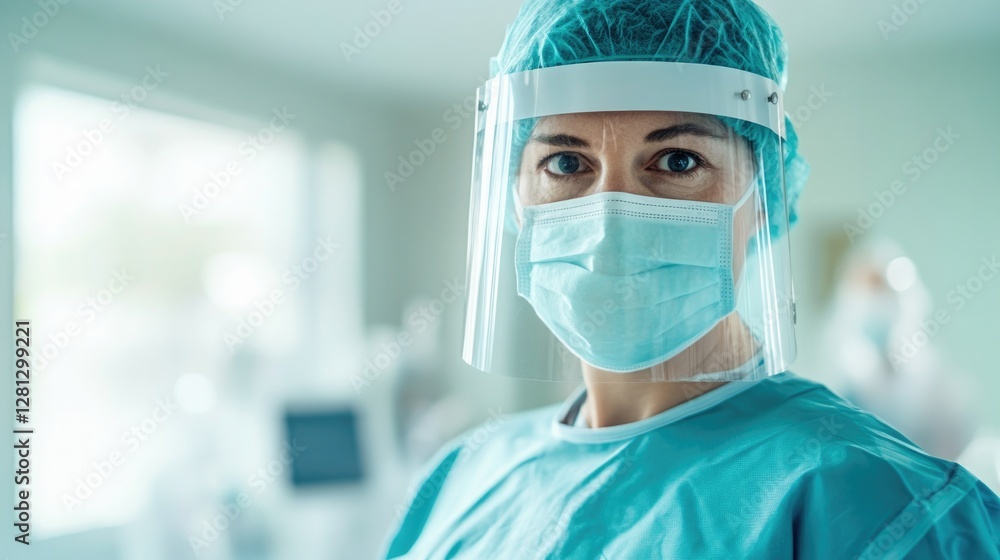 healthcare worker in scrubs face partially visible behind protective mask exudes empathy and professionalism in well-lit healthcare worker in scrubs face partially visible behind protective mask exudes empathy and professionalism in well-lit