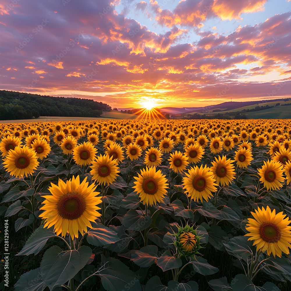 Fototapeta premium Sunflowers field at sunset creating a stunning landscape