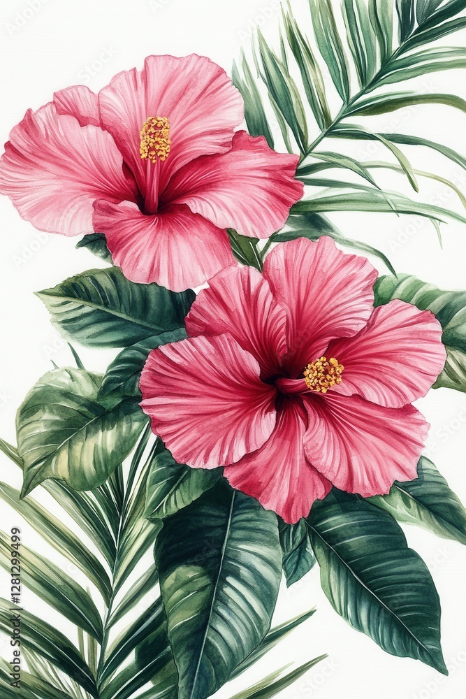 Obraz premium Watercolor painting of vibrant pink hibiscus flowers with lush green tropical leaves on a clean white background evoking a serene floral mood
