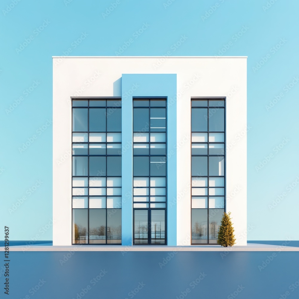 A 3D illustration of an office building with a blue and white color scheme, shown in a front view with large windows and a flat roof. A 3D illustration of an office building with a blue and white color scheme, shown in a front view with large windows and a flat roof.