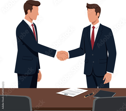 Two business professionals in suits shaking hands over a table in a flat vector illustration depicting collaboration and agreement