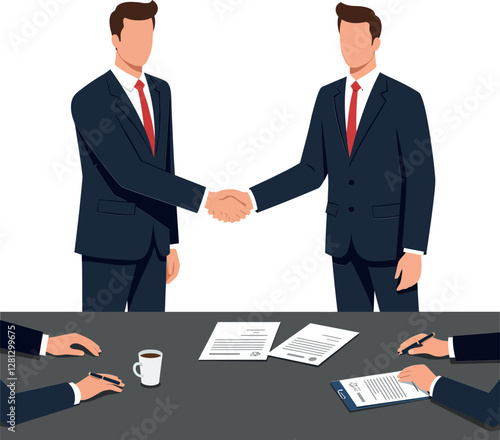 Two business professionals in suits shaking hands at a conference table in a flat vector illustration conveying teamwork and agreement