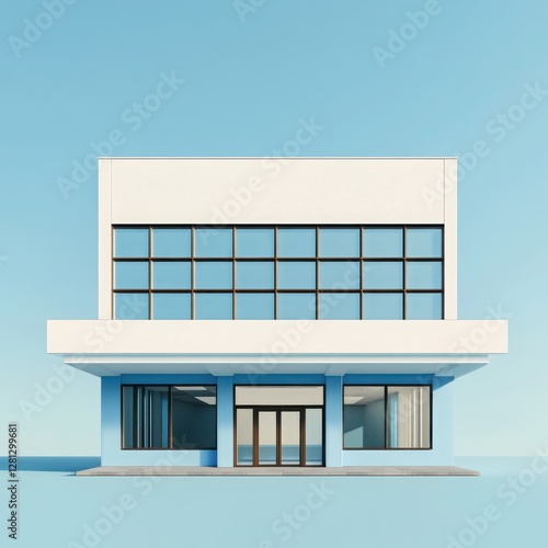 A 3D illustration of an office building with a blue and white color scheme, shown in a front view with large windows and a flat roof. 