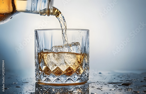 Whiskey is poured from a bottle into a crystal glass with ice. photo