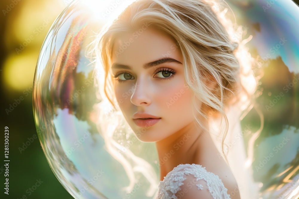Naklejka premium Beautiful blonde woman in wedding dress inside large soap bubble with romantic atmosphere and natural daylight. Radiant bride and Special day concept, copy space for text.