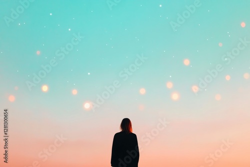 person stands against blurred spacelike background adorned with abstract constellations radiating cosmic tranquility photo