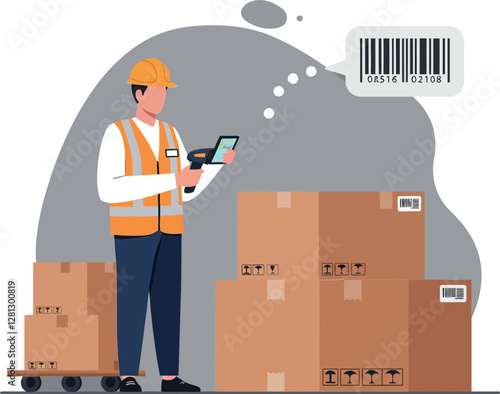 Warehouse worker scanning packages with a handheld device in a minimalistic flat design vector illustration