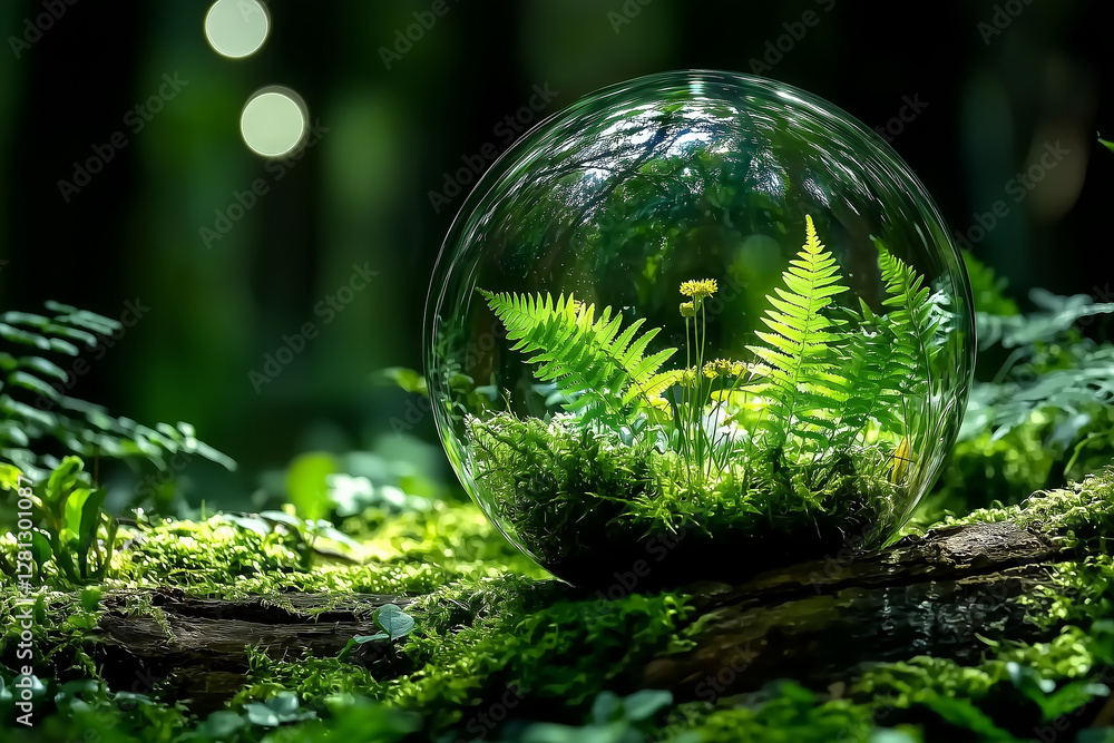 Miniature glass terrarium with lush green ferns and moss in a forest setting, biophilic design, eco-friendly concept, perfect for nature and sustainability themes Miniature glass terrarium with lush green ferns and moss in a forest setting, biophilic design, eco-friendly concept, perfect for nature and sustainability themes