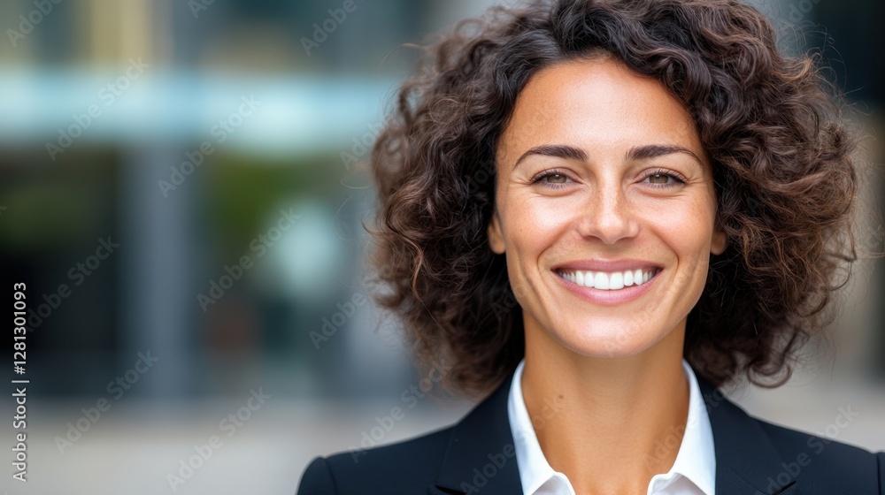 Fototapeta premium Smiling woman with curly brown hair wearing a black blazer and white shirt, posed against a blurred city background. Professional headshot with