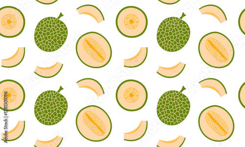 Cantaloupe melon seamless pattern. Summer fruits background design. Collection of organic vitamins and healthy nutrition. Flat Vector illustration