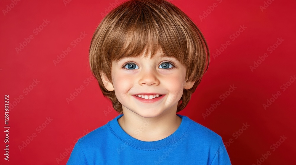 Portrait of a smiling young child with light colored hair and bright blue eyes against a solid red background. The subject is wearing a simple blue Portrait of a smiling young child with light colored hair and bright blue eyes against a solid red background. The subject is wearing a simple blue