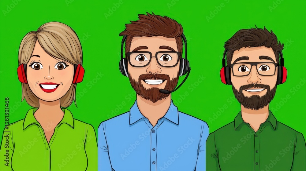 Three smiling customer service representatives wearing headsets against a plain background. Pixel art style illustration Three smiling customer service representatives wearing headsets against a plain background. Pixel art style illustration