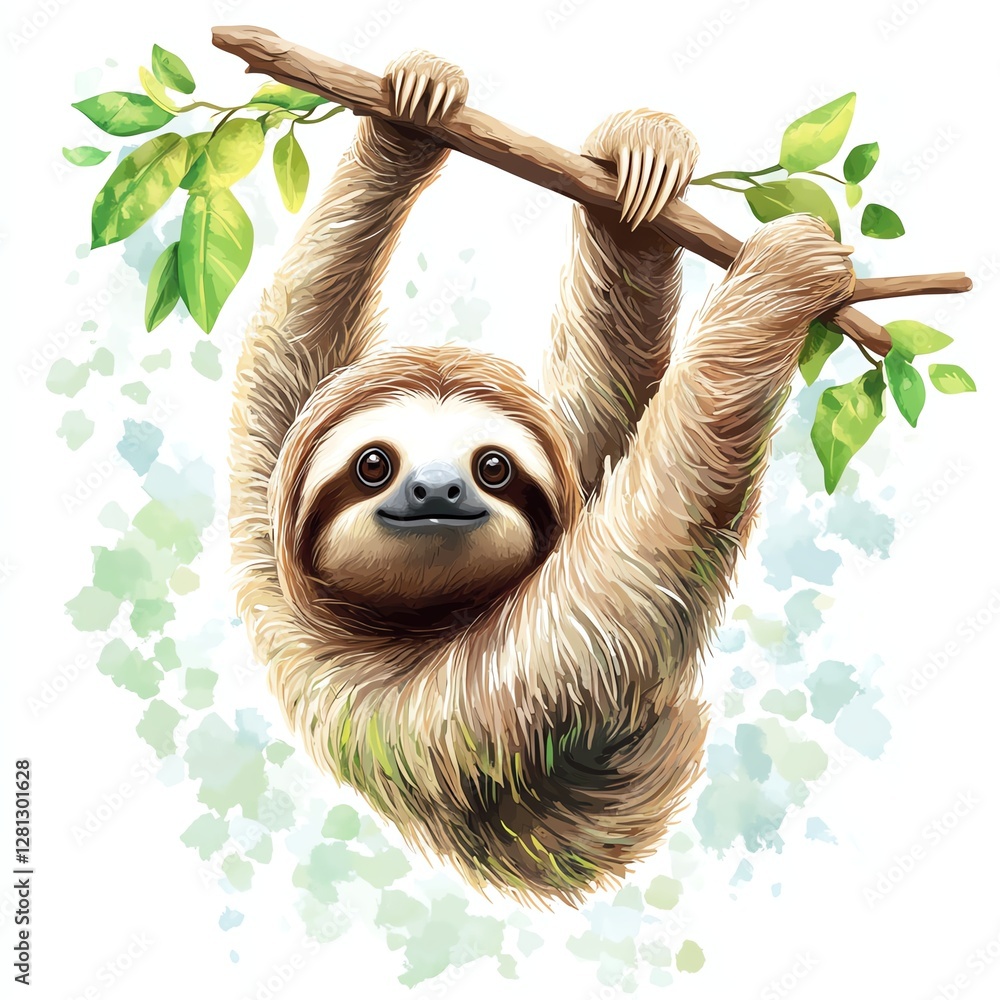 Fototapeta premium Adorable sloth hanging from a branch design for T-shirt POD print on demand on white background
