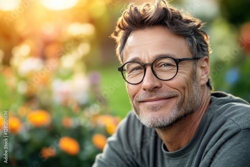 Portrait of smiling gardener wearing glasses in garden during golden hour