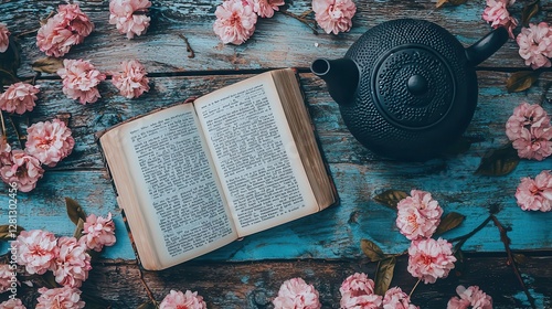 Tranquil Tea Time Book Flowers and Teapot on Rustic Wood