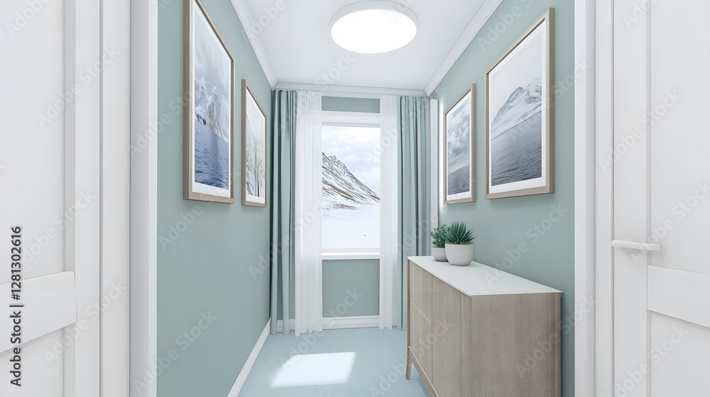 Fototapeta premium Serene Minimalist Hallway with Mountain View Pictures