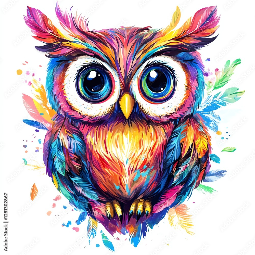Cheerful owl with big eyes and feathers design for T-shirt POD print on demand on white background Cheerful owl with big eyes and feathers design for T-shirt POD print on demand on white background