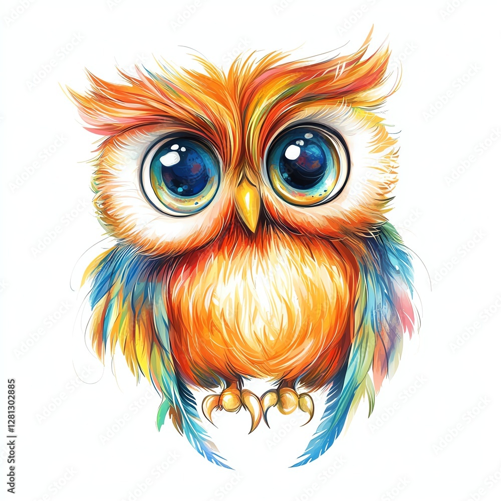 Obraz premium Cheerful owl with big eyes and feathers design for T-shirt POD print on demand on white background