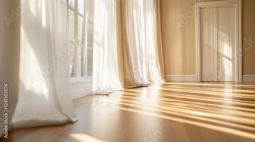 Natural Light Floods a Minimalist Room With Elegant Curtains and Wooden Flooring, Creating a Serene Atmosphere Perfect for Relaxation or Creative Inspiration