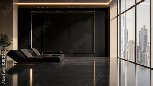City Skyline View at Dusk From Modern Apartment With Large Windows and Ambient Lighting
