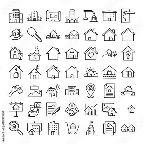 Real Estate Icons Homes, Buildings, Keys, and Property Documents